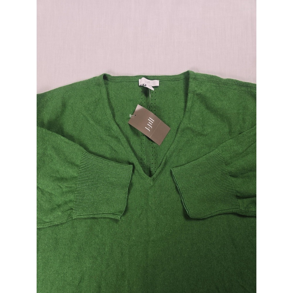 J Jill Sweater Womens M Petite Green Linen‎ V Neck 3/4 Sleeve Pullover Knit